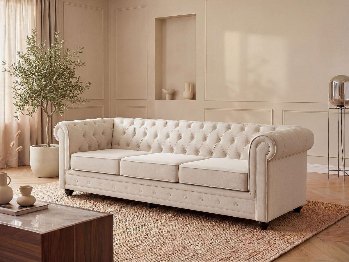 SOFA - 3 Personen - stoff - beige Chesterfield - Beige, Holz/Textil (205/72/88cm) - Vente-Unique