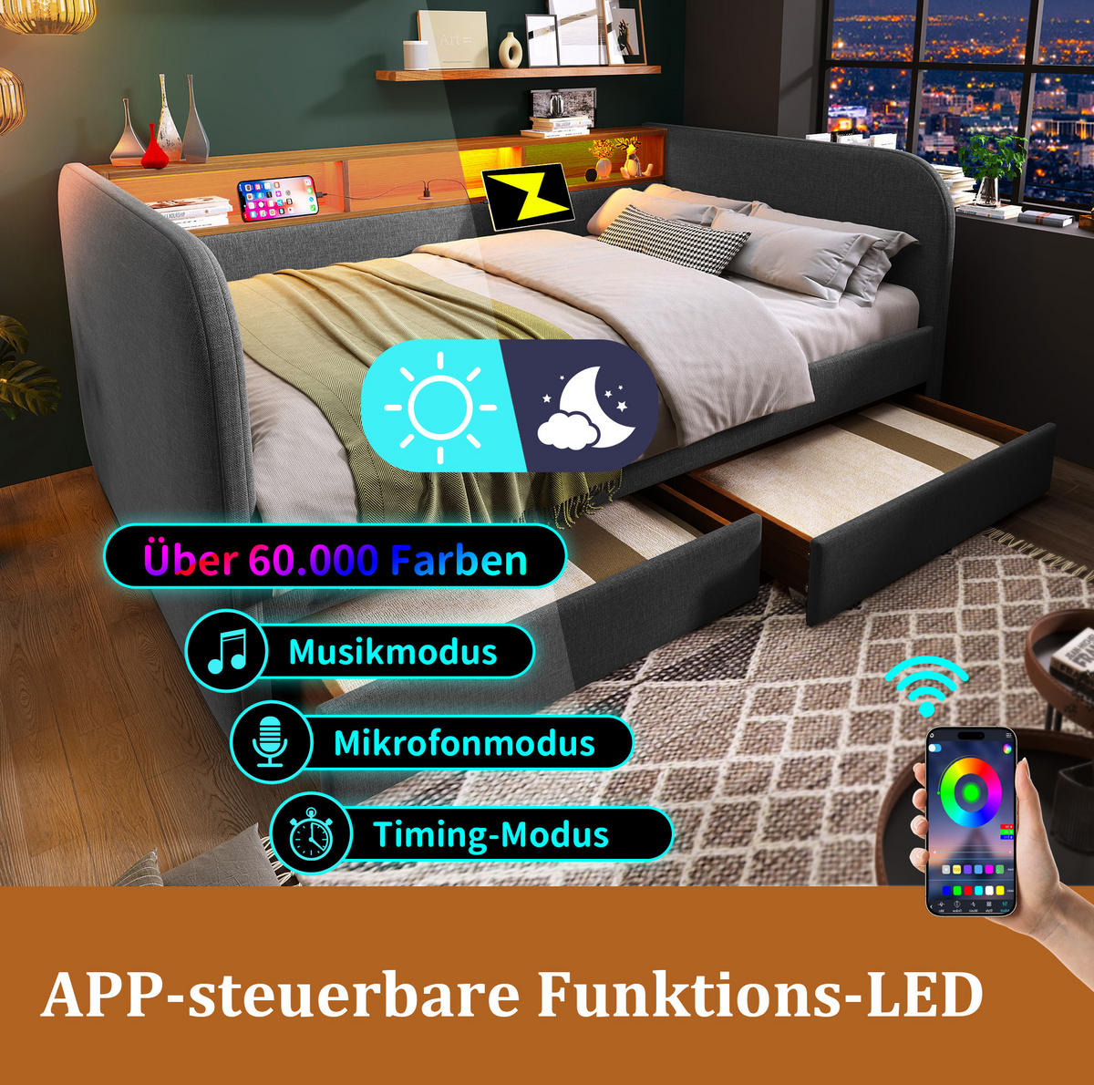 POLSTERBETT aus Leinen 140x190 cm Grau mit LED-Beleuchtung, USB-C und 2 Schubladen - Grau, Textil (140/190cm) - IVMEU