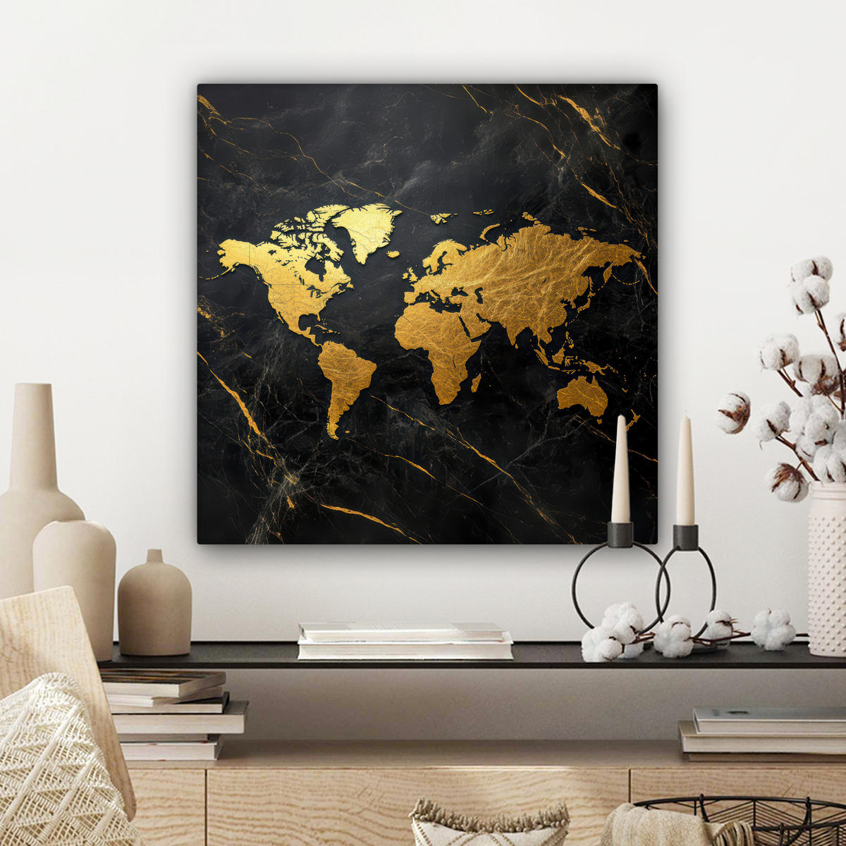 LEINWANDBILD Weltkarte - Gold - Marmor Wandbild Wohnzimmer 50x50 cm - Goldfarben, Textil (50/50cm) - MuchoWow