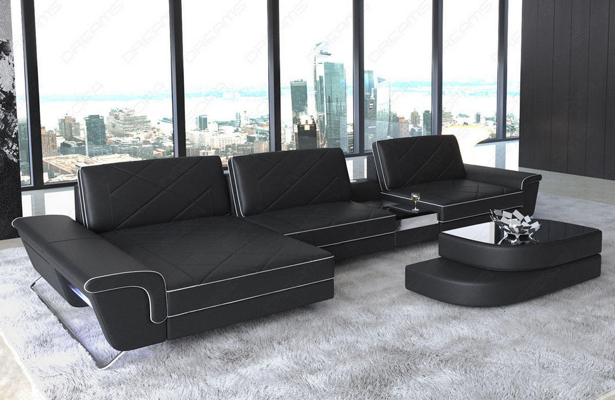 LEDERSOFA Bari L - Schwarz/Weiß, Leder (197/369cm) - Sofa Dreams