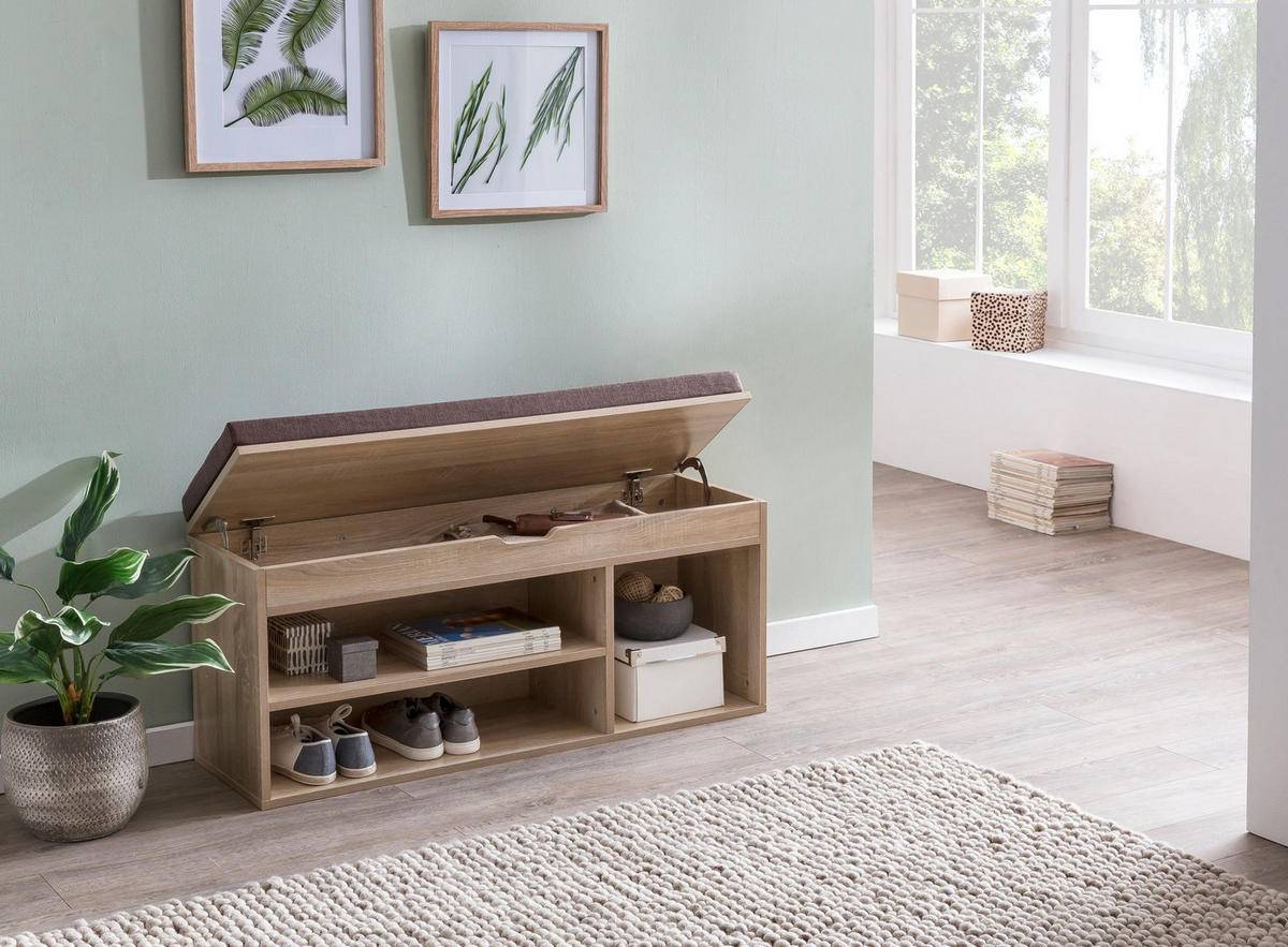 GARDEROBENBANK Holz gepolstert mit Stauraum, Beige 104x32x51 cm - Beige/Braun, Holz/Textil (104/51/32cm) - KADIMA DESIGN