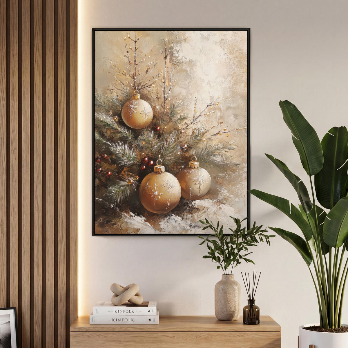 LEINWAND Bilder mit Rahmen - Weihnachten - Kugeln - Beige - Gold - 70x100 - Goldfarben, Textil (70/100cm) - MuchoWow