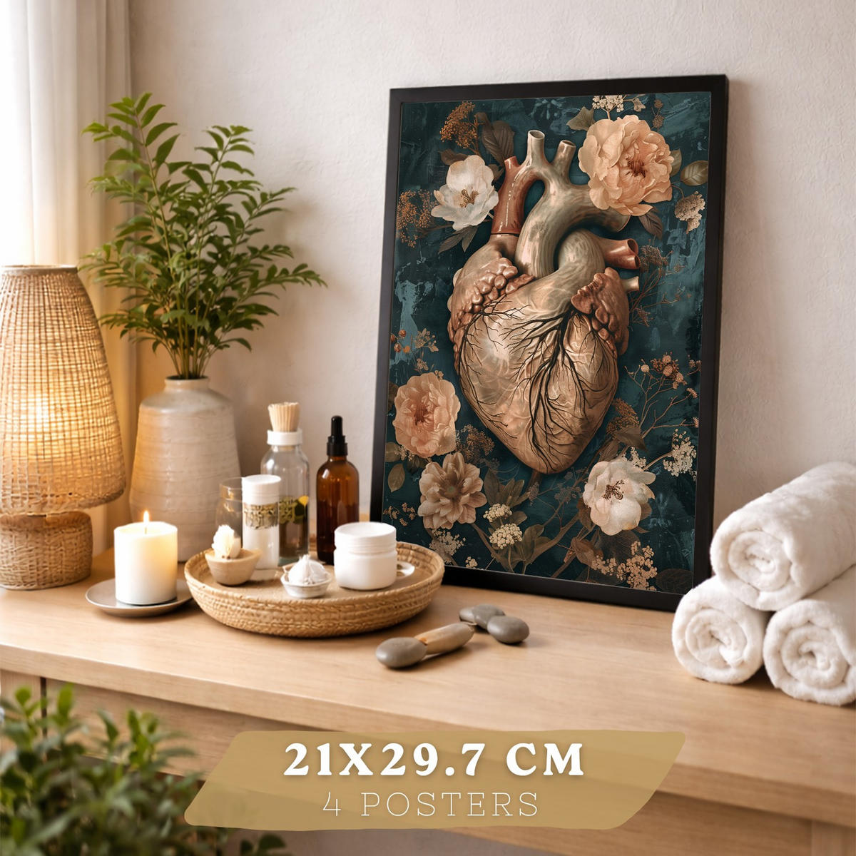 POSTER Set aus 4 Anatomie Drucke und mit Schädel Herz Gehirn Wirbelsäule Skelett Becken Klassisches Florales Design Größe Schwarzer Rahmen A4 - Schwarz, Papier (21/29.7/3cm) - Nacnic