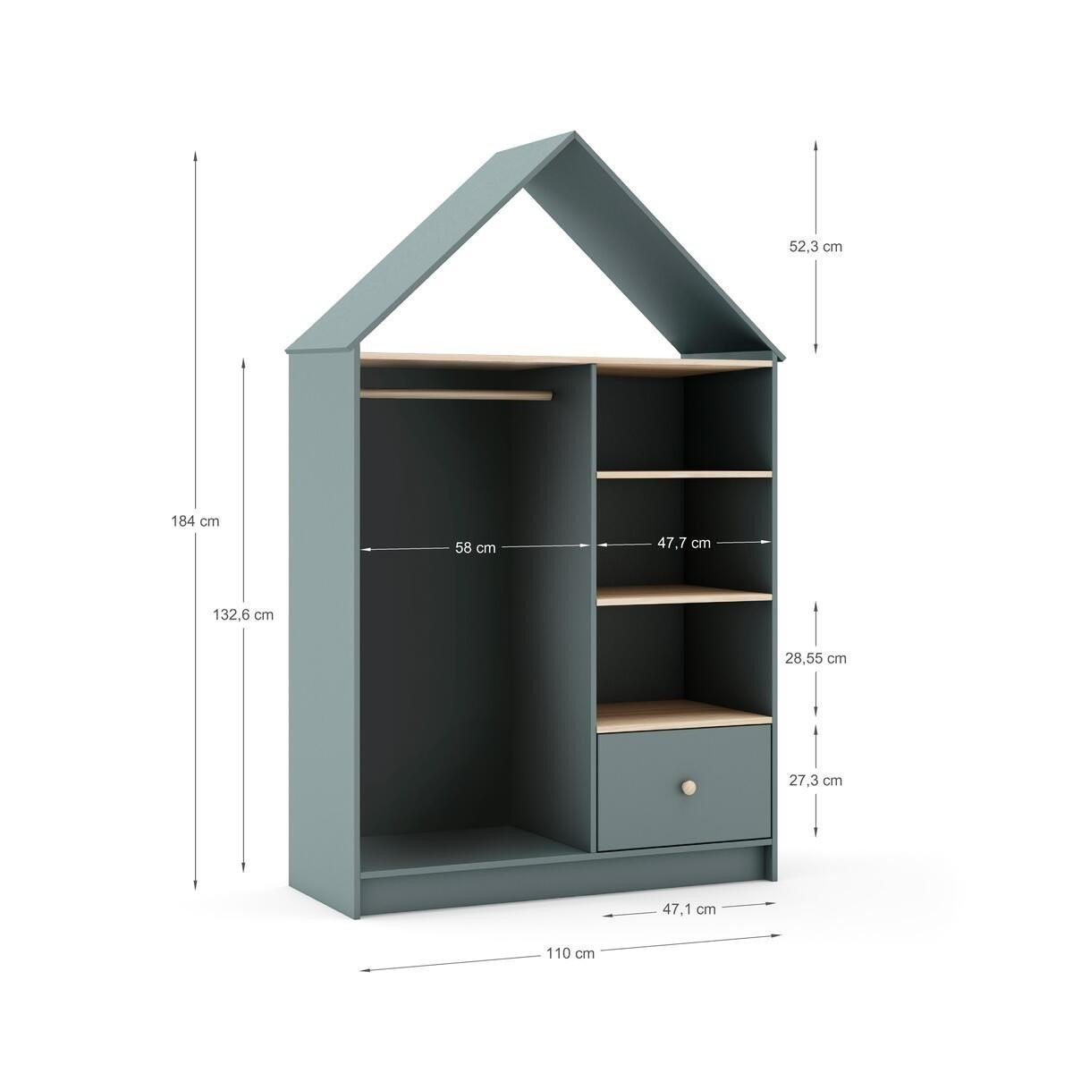 KLEIDERSCHRANK mit 3 Nischen, 1 Schublade und 1 Kleiderstange H180 cm 45/110/180 cm - Grün, Holzwerkstoff (45/180/110cm) - Calicosy