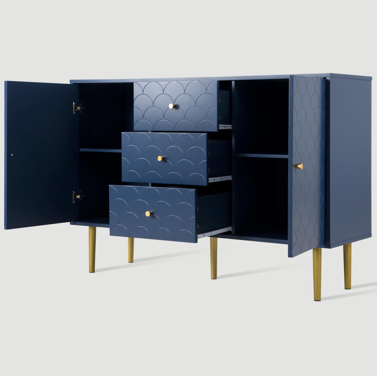 KOMMODE aus Holz und Metall 120x40x83 cm Marineblau mit 2 Türen, 3 Schubladen und verstellbarem Einlegeboden - Dunkelblau, Metall (120/83/40cm) - Modfu