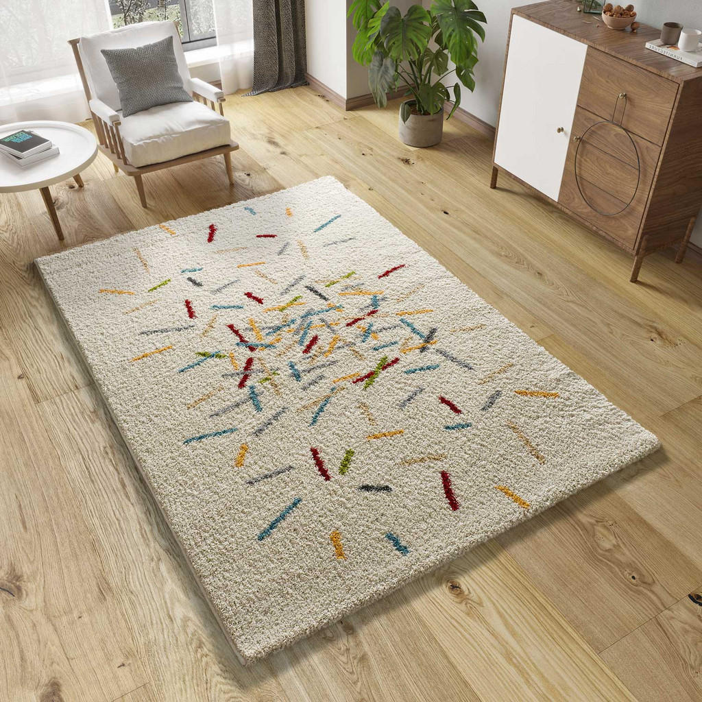 Thumbnail - Atticgo Hochflorteppich, Weiß, Mehrfarbig, Textil, Grafikmuster, Rechteckig, 133x190 cm, Oeko-Tex® Standard 100, für Fuß...