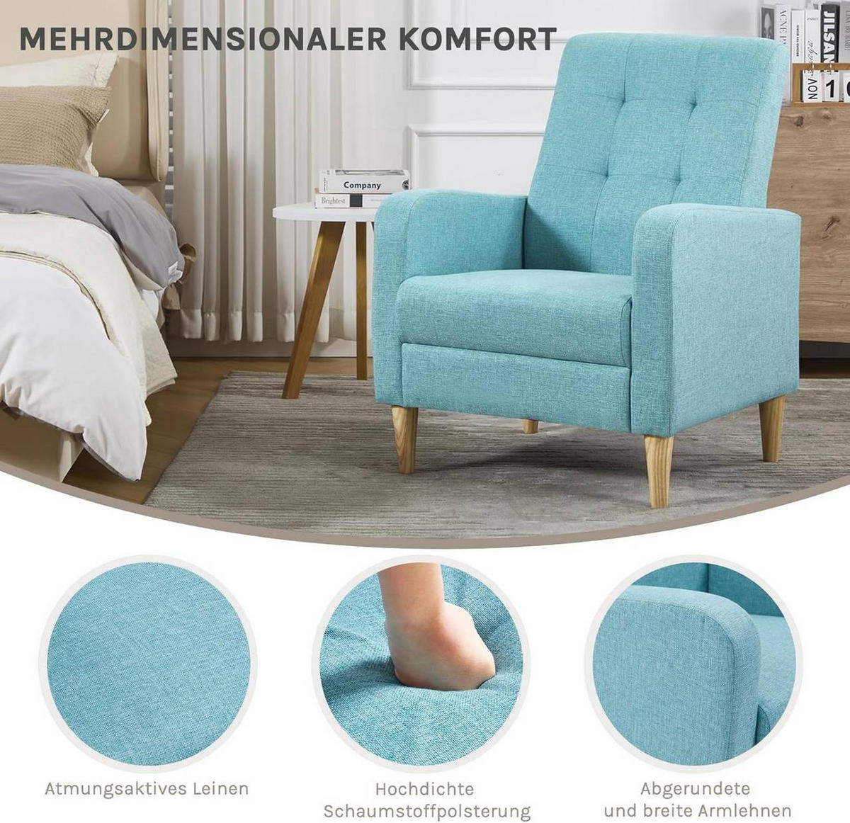 RELAXSESSEL mit Massivholzbeinen, Leinen, Blau - Blau, Holz/Holzwerkstoff (68/90.5/76cm) - Woltu