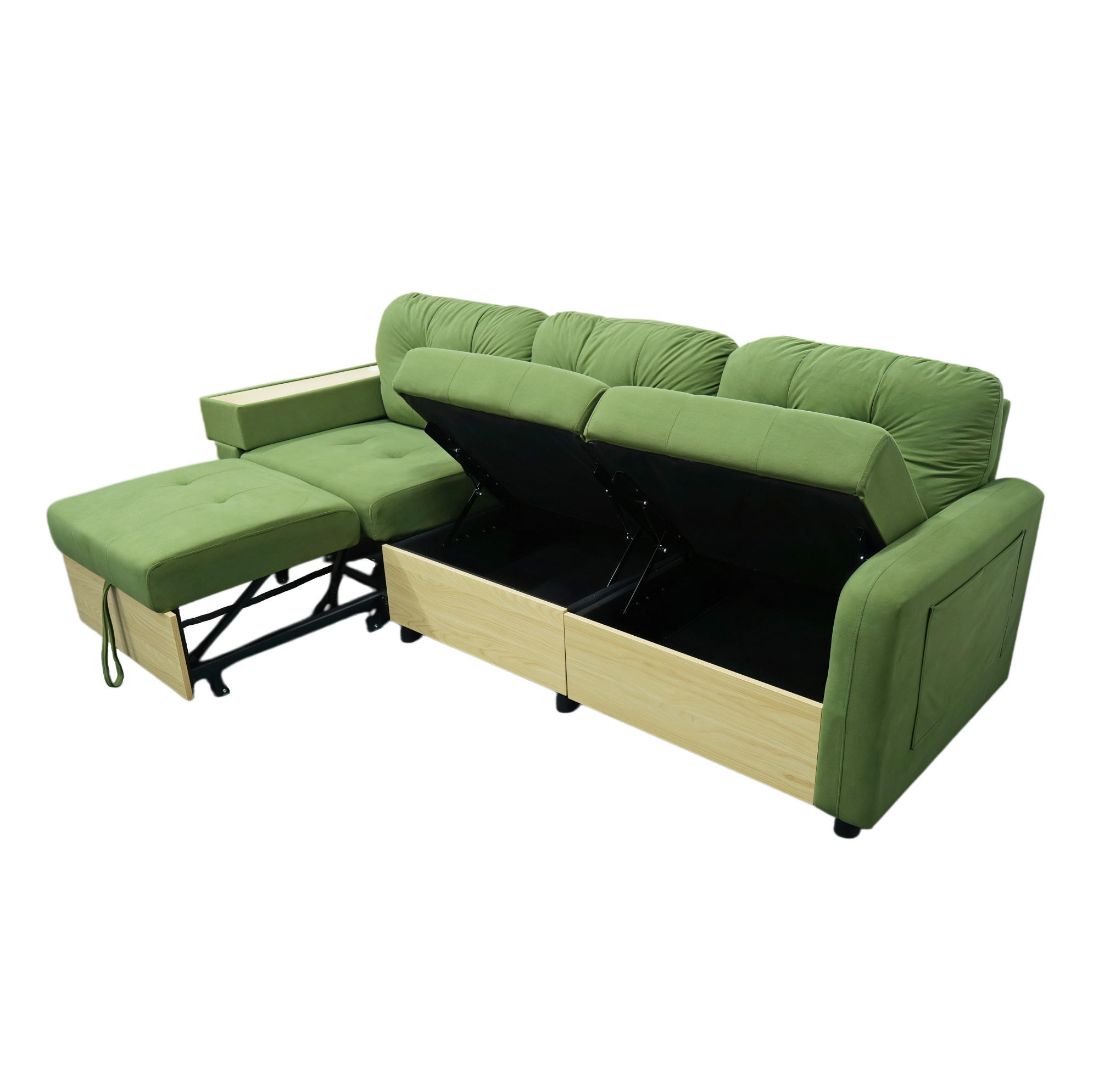 ECKSOFA 228/80/78 cm aus Samt mit ausziehbarer Ottomane und USB-Anschluss Grün - Grün, Textil (80/228cm) - Modenvie