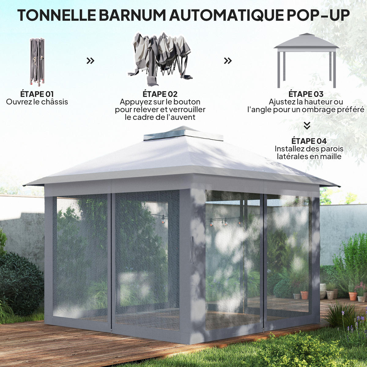 PAVILLON DE-13943 Pop-up 3/3 m, Doppeldach, 4 Moskitonetze - Grau, Textil (330/288/330cm) - ComfortXL