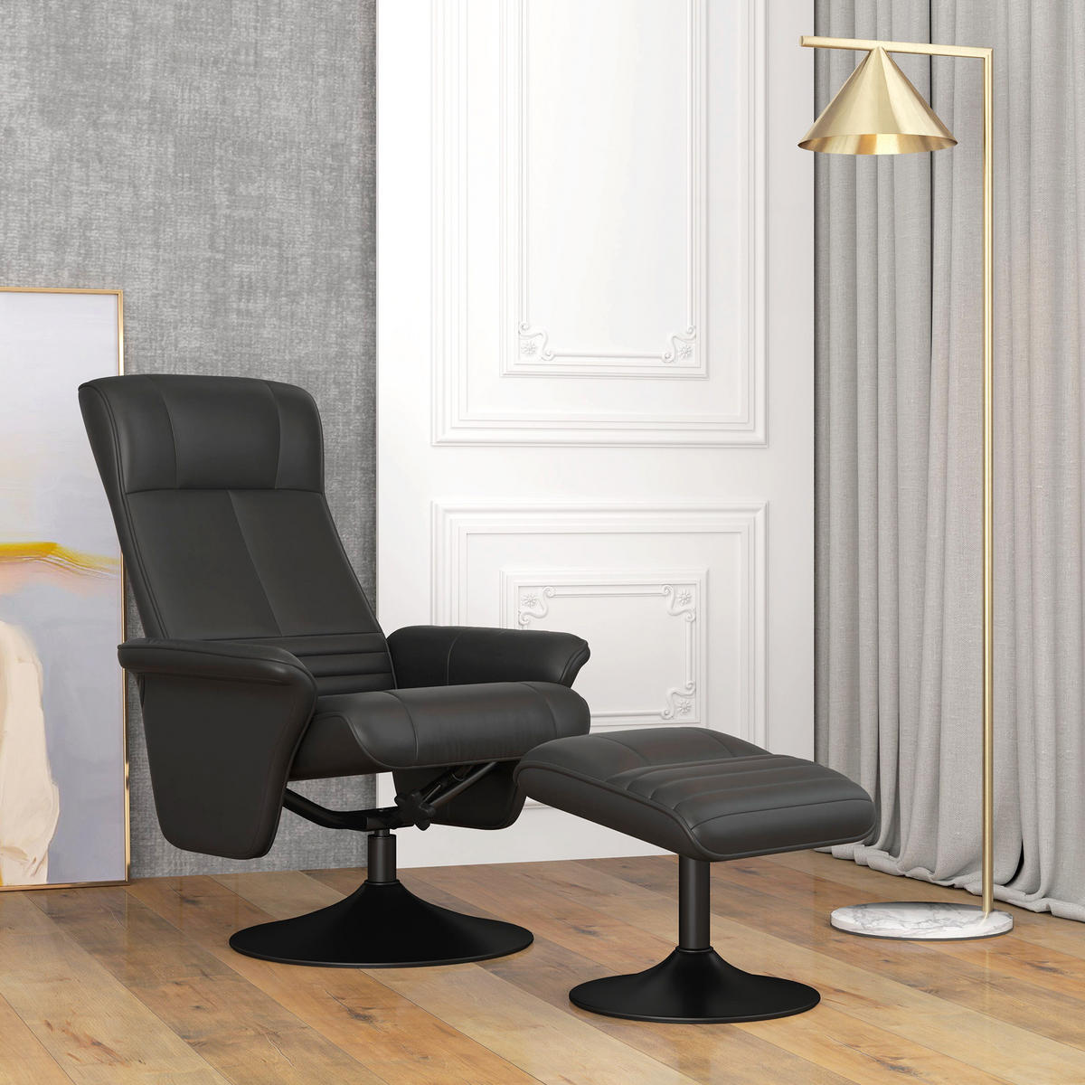 RELAXSESSEL mit Hocker Drehbarer Fernsehsessel mit Liegefunktion Mikrofasertuch - Schwarz, Kunststoff (71/104/69cm) - HOMCOM