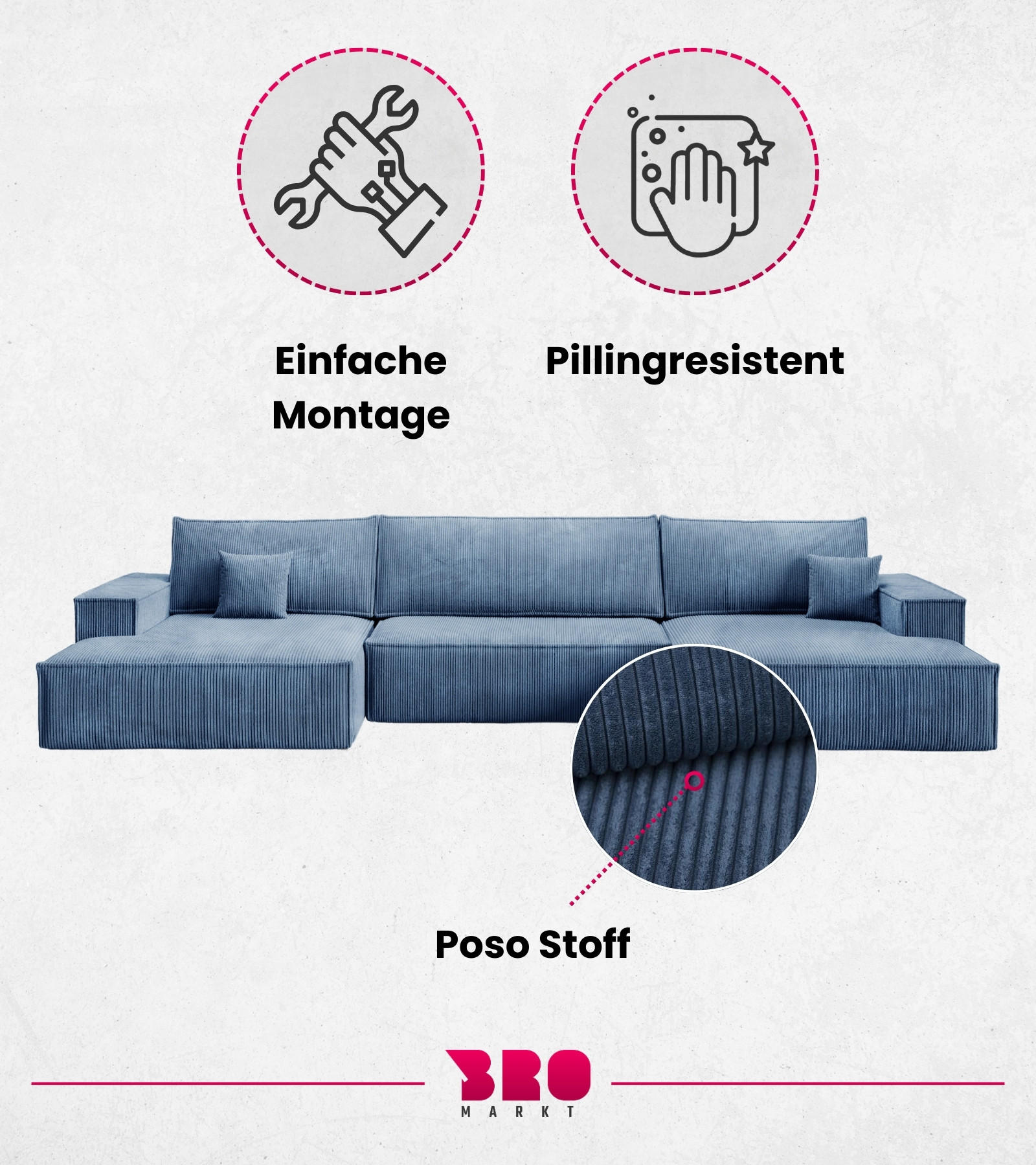 Thumbnail - Bromarkt Wohnlandschaft, Blau, Textil, 5-Sitzer, Ottomane links, U-Form, 397x85x148 cm, Wohnzimmer, Sofas & Couches, Woh...