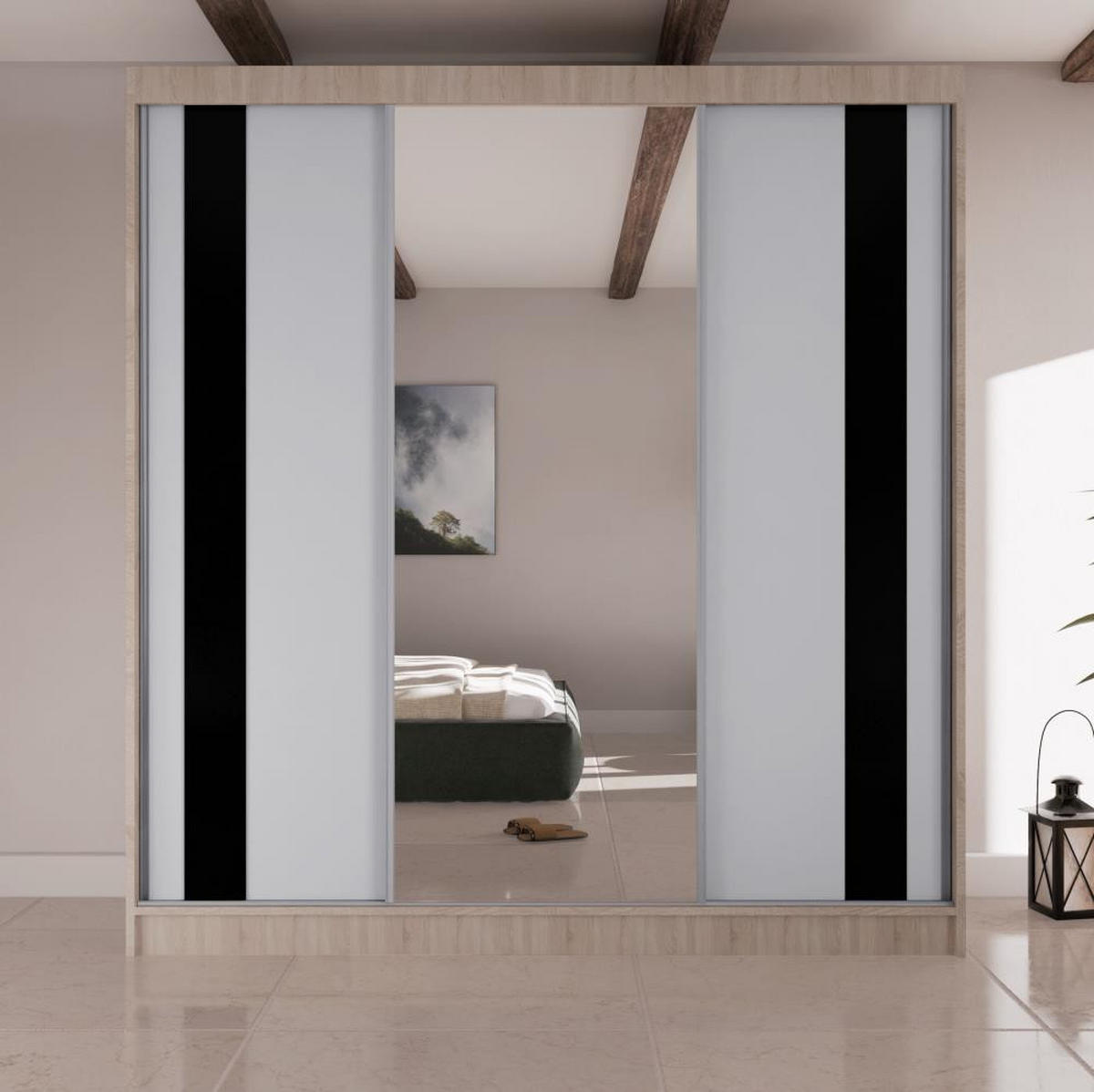 SCHWEBETÜRENSCHRANK Como II 200/61/215 eiche sonoma+weiß - Schwarz/Weiß, Holzwerkstoff (200/215/61cm) - Beautysofa