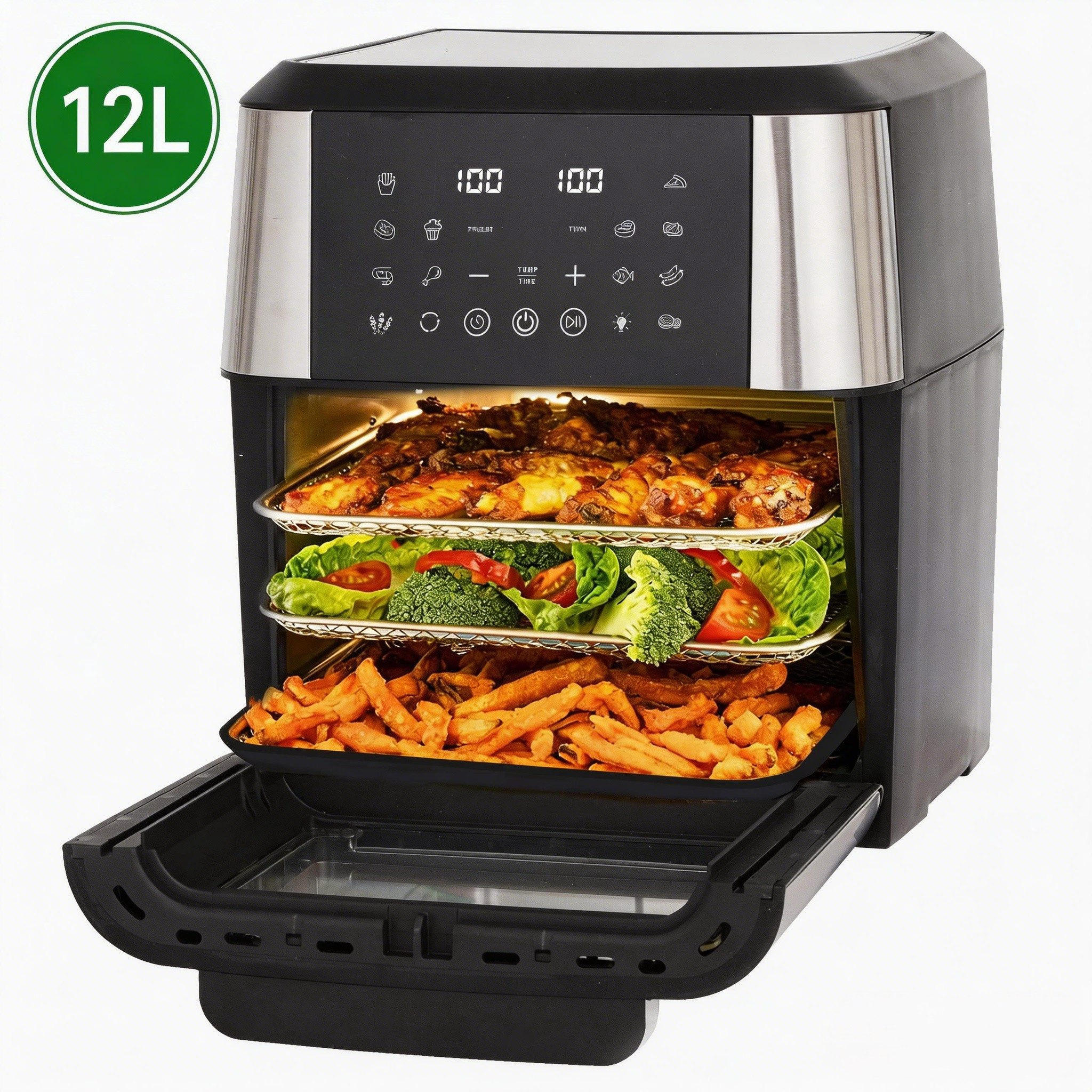 HEISSLUFTFRITTEUSE 12-in-1, 12L mit Dual-Tray 360°Heißluftzirkulation - Schwarz, Metall (33/38/35cm)