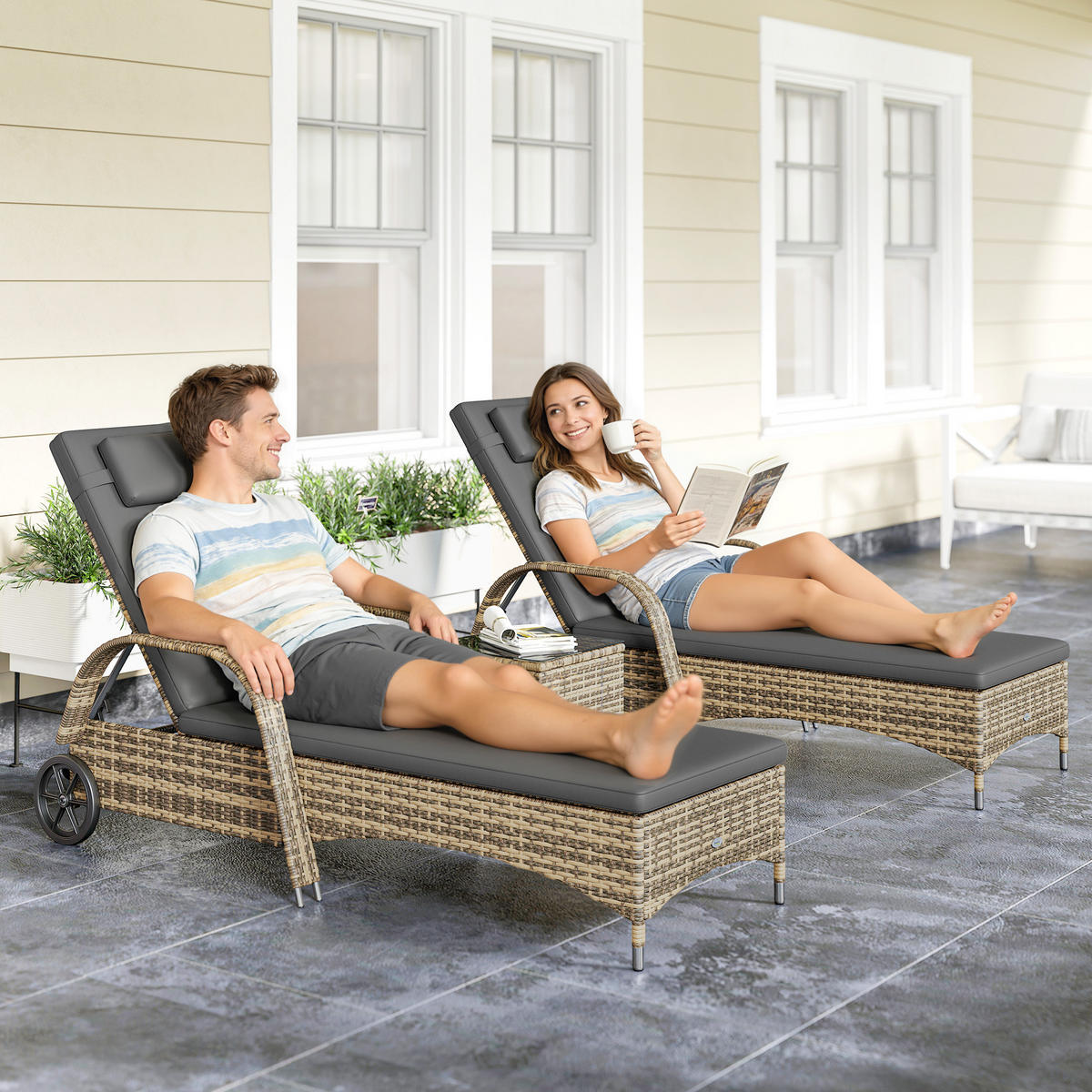 GARTENLIEGE 2er-Set mit Tisch DE-13683 verstellbar & Rollen Dunkelgrau - Dunkelgrau, Metall (73/103/200cm) - ComfortXL