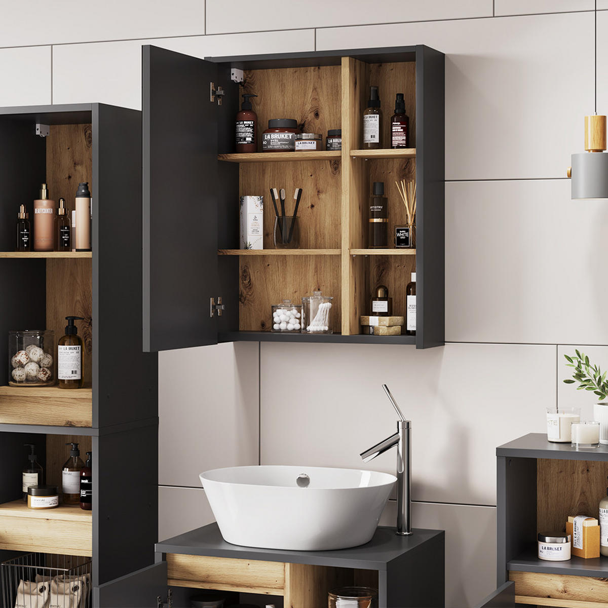 KOUPELNOVÁ SKŘÍŇKA SE ZRCADLEM Viola Grey/Artisan - šedá/dub artisan, kompozitní dřevo (60/75/18cm) - Vicco