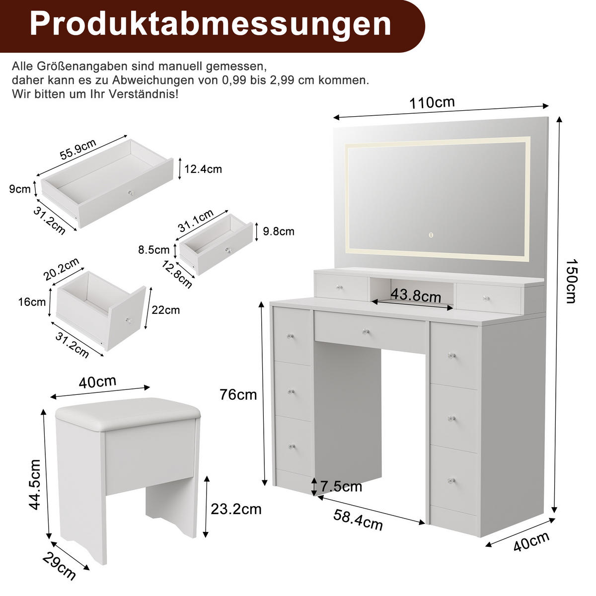 SCHMINKTISCH mit Spiegel LED 9 Schubladen Steckdose Weiß - Weiß, Holz (110/150/40cm)