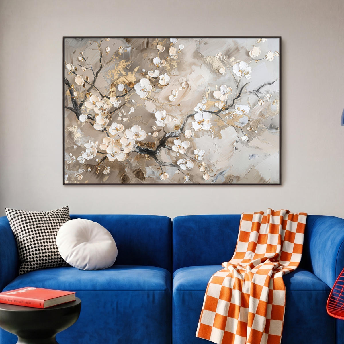 LEINWAND Bilder mit Rahmen - Blumen - Weiß - Gold - Beige - Luxus - 90x60 - Greige, Textil (90/60cm) - MuchoWow