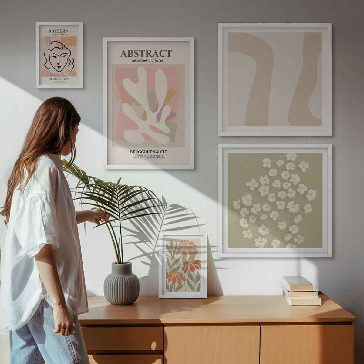 BILDER SET 5er Set - 50x50 cm & 20x30 cm & 40x60 cm Weißer Rahmen - Moderne abstrakte Frau - Weiß, Kunststoff (40/60cm) - TULUP