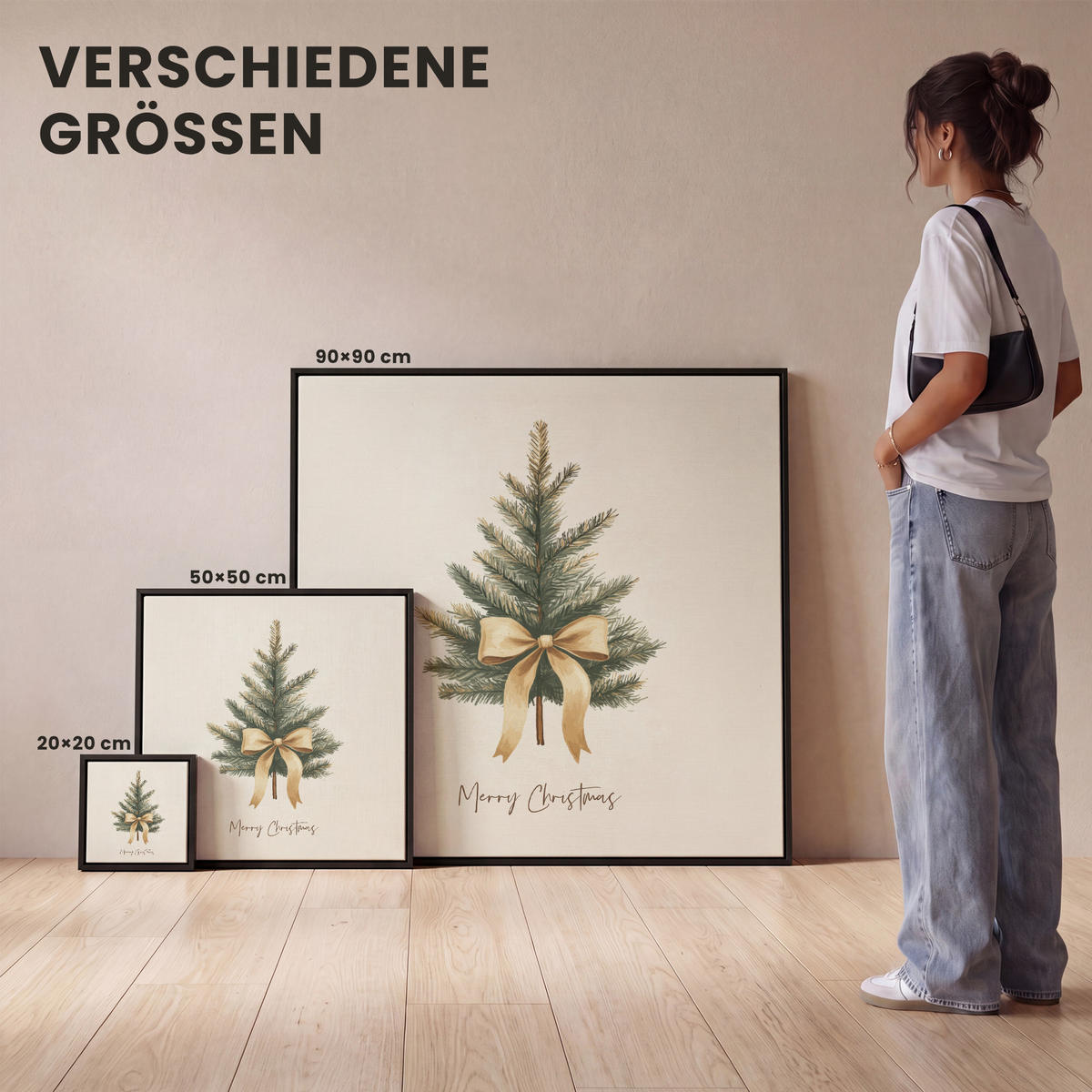 LEINWAND Bilder mit Rahmen - Weihnachtsbaum - Weihnachten - Frohe Weihnachten - Beige - 50x50 - Sandfarben, Textil (50/50cm) - MuchoWow