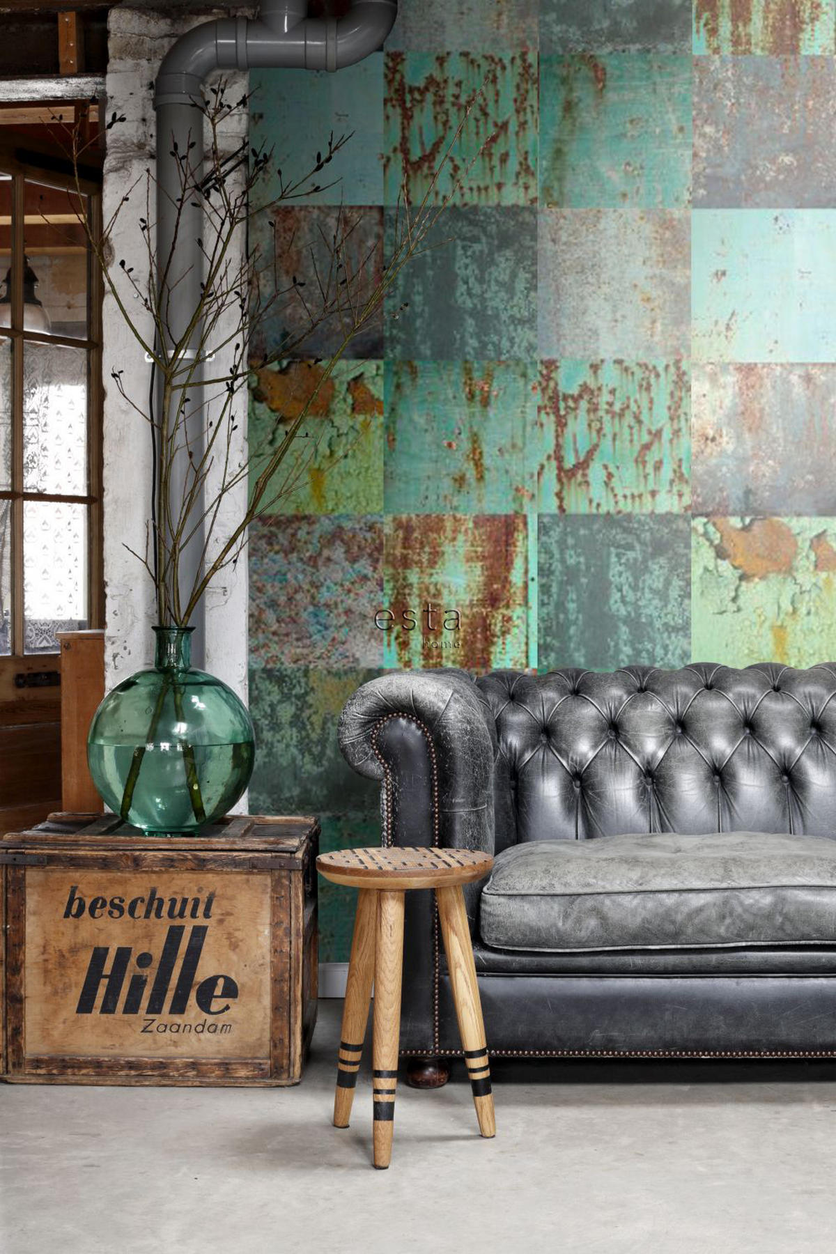 XXL-VLIESTAPETE Patchwork rostige verwitterte Metallplatten 50 x 900 cm - Grün, Papier (50/900cm) - ESTAhome