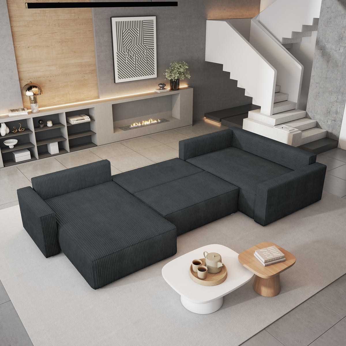 WOHNLANDSCHAFT VELAMI R-S Graphitfarben Kordstoff mit Schlaffunktion - Graphitfarben, Holz (365/83/194cm) - MASSENO