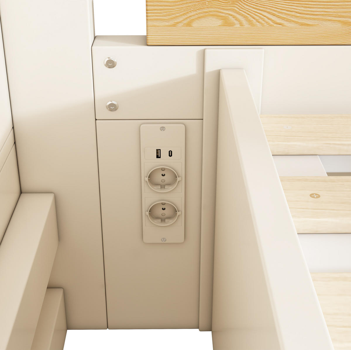 ETAGENBETT 90/140/200 cm in Weiß/Natur mit Stauraum und USB- und Type-C-Anschlüssen - Weiß, Holzwerkstoff (90/200cm) - OKMYHOME