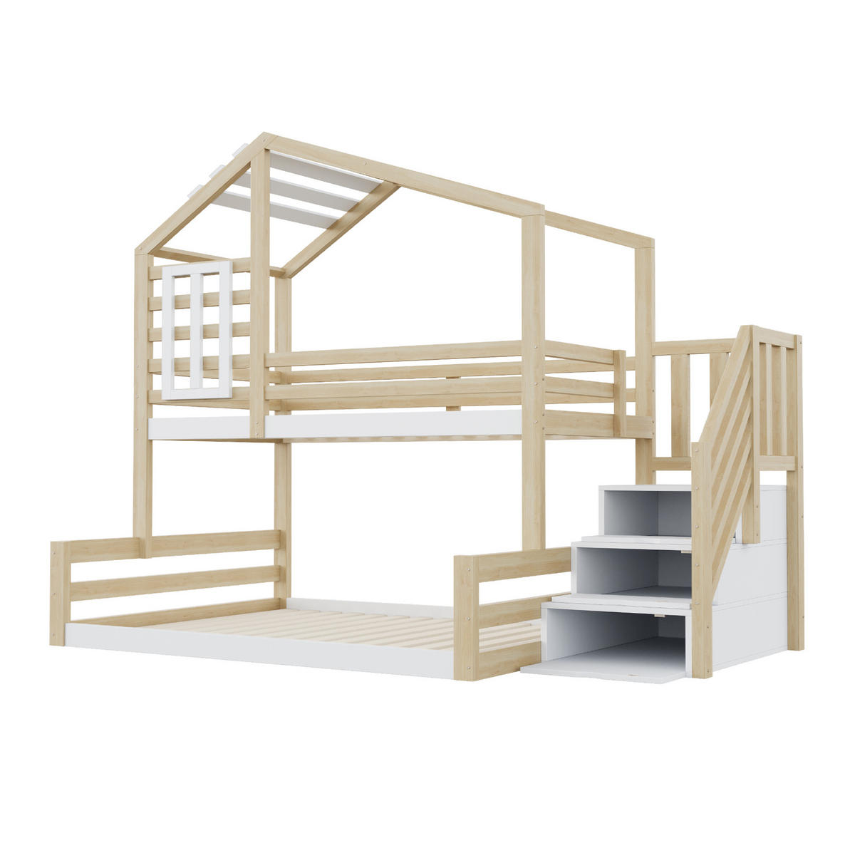 ETAGENBETT 90/200 cm in Natur mit Hausdesign, Fenster und Stauraumtreppe - Naturfarben, Holz (90/200cm) - OKMYHOME