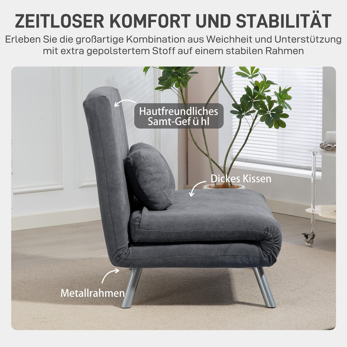 SCHLAFSESSEL 3-in-1 klappbar Schlafsofa mit Bettfunktion Relaxsessel Dunkelgrau - Dunkelgrau/Silberfarben, Textil/Metall (75/83/80cm) - HOMCOM