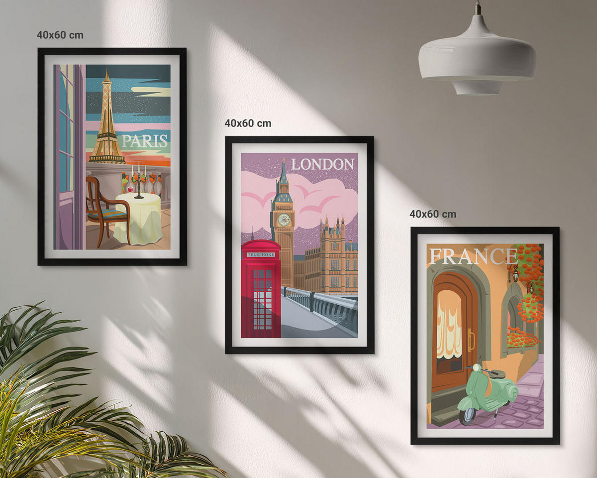 BILDER SET 3er Set - 40x60 cm Schwarzer Rahmen - Ansichten Paris London Retro - Schwarz, Kunststoff (40/60cm) - TULUP