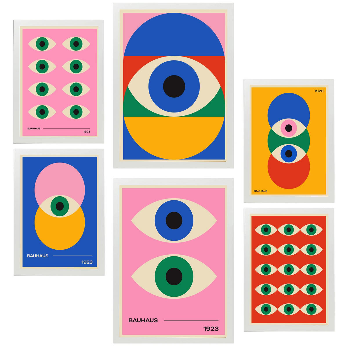 POSTER Set Mit 6 Geometrische Bauhaus Lebendige Farben & Augen A3 & A4 Weißer Rahmen - Weiß, Papier (29/3cm) - Nacnic