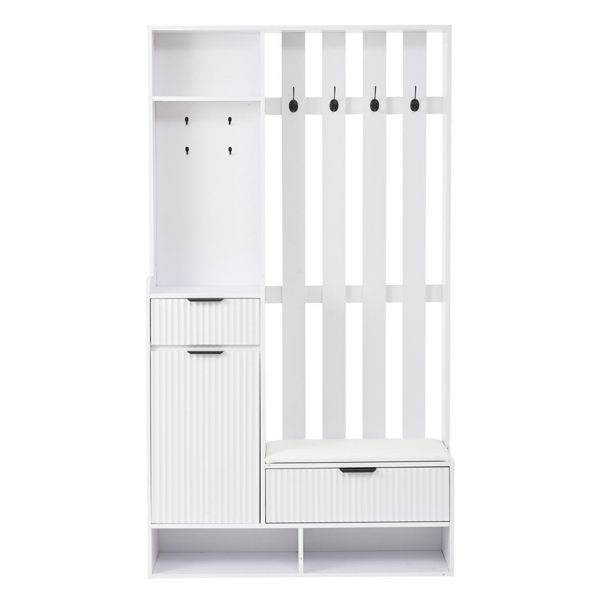 DIELENGARDEROBE 100/30/180 cm mit 8 Haken, Sitzbank und Schuhablage in Weiß - Weiß, Holzwerkstoff (100/180/30cm) - BEAOK