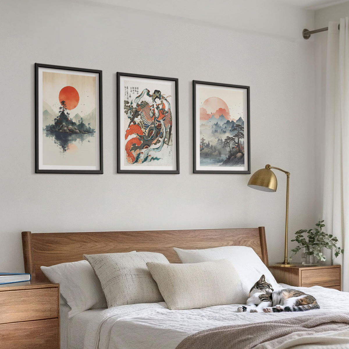 WANDBILDER 3er-Set - 40x60 cm Schwarzer Rahmen - Asiatische Japandi-Malereien - Schwarz, Kunststoff (40/60cm) - ArtPrintCave