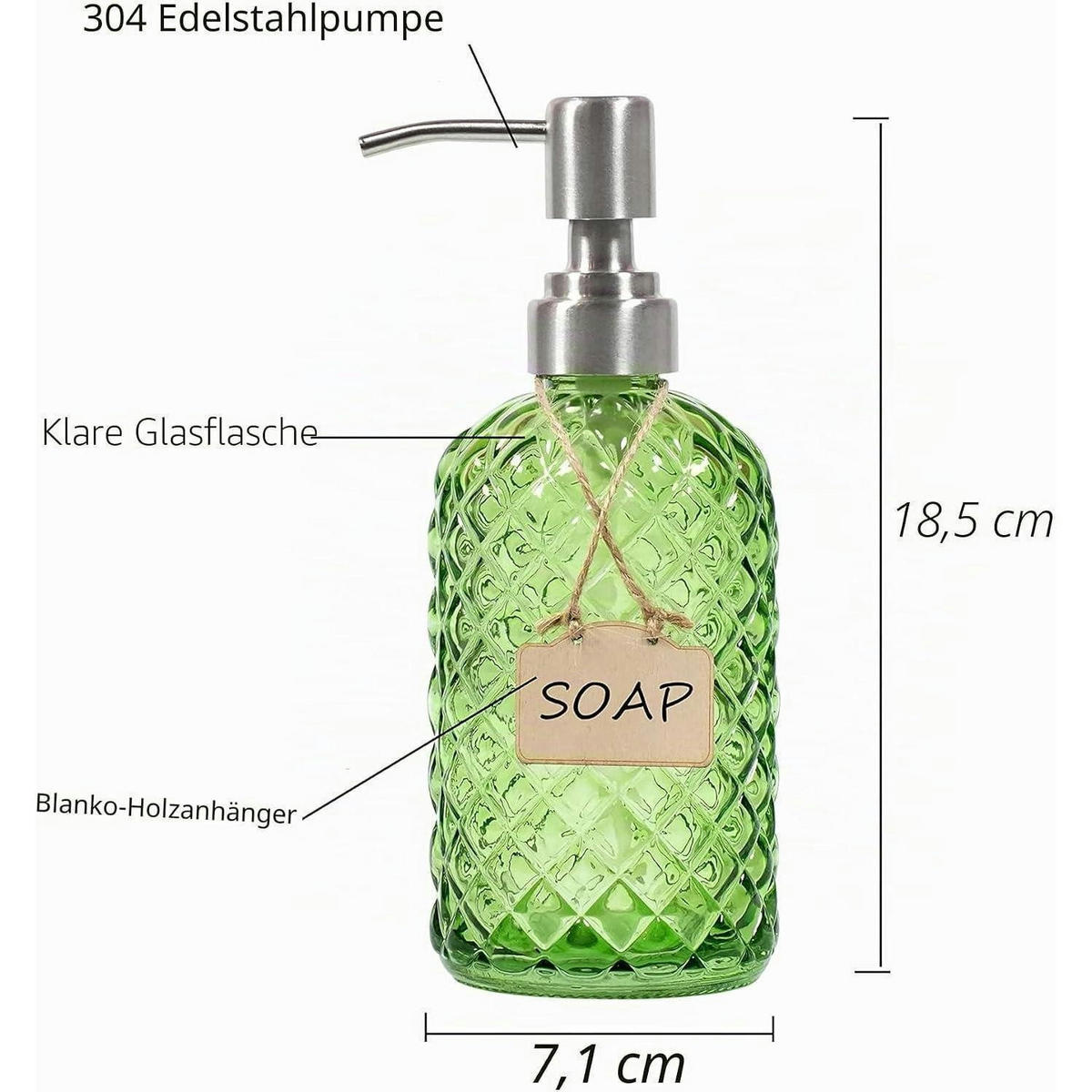SEIFENSPENDER 2-teiliges Set Glas Grün mit Edelstahlpumpe - Grün, Glas (6.9/19.3/6.9cm)