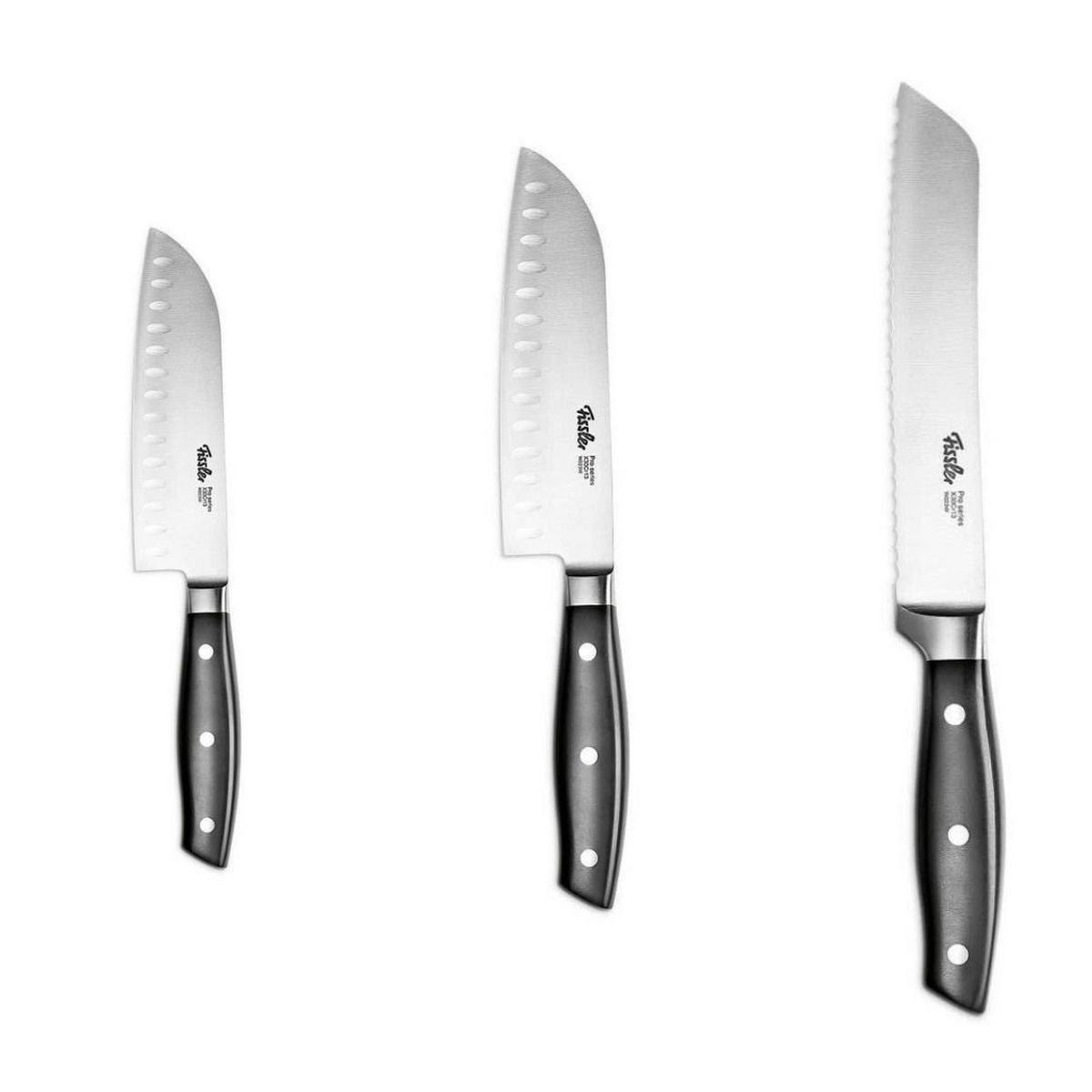 MESSERSET 3-tlg Schwarz, Edelstahl, Küchenmesser Set, Brotmesser, Santokumesser, Schneidemesser, Küchenzubehör, Profi Messer, Klingenstahl, Kochbedarf - Silberfarben/Schwarz, Kunststoff/Metall - Fissler