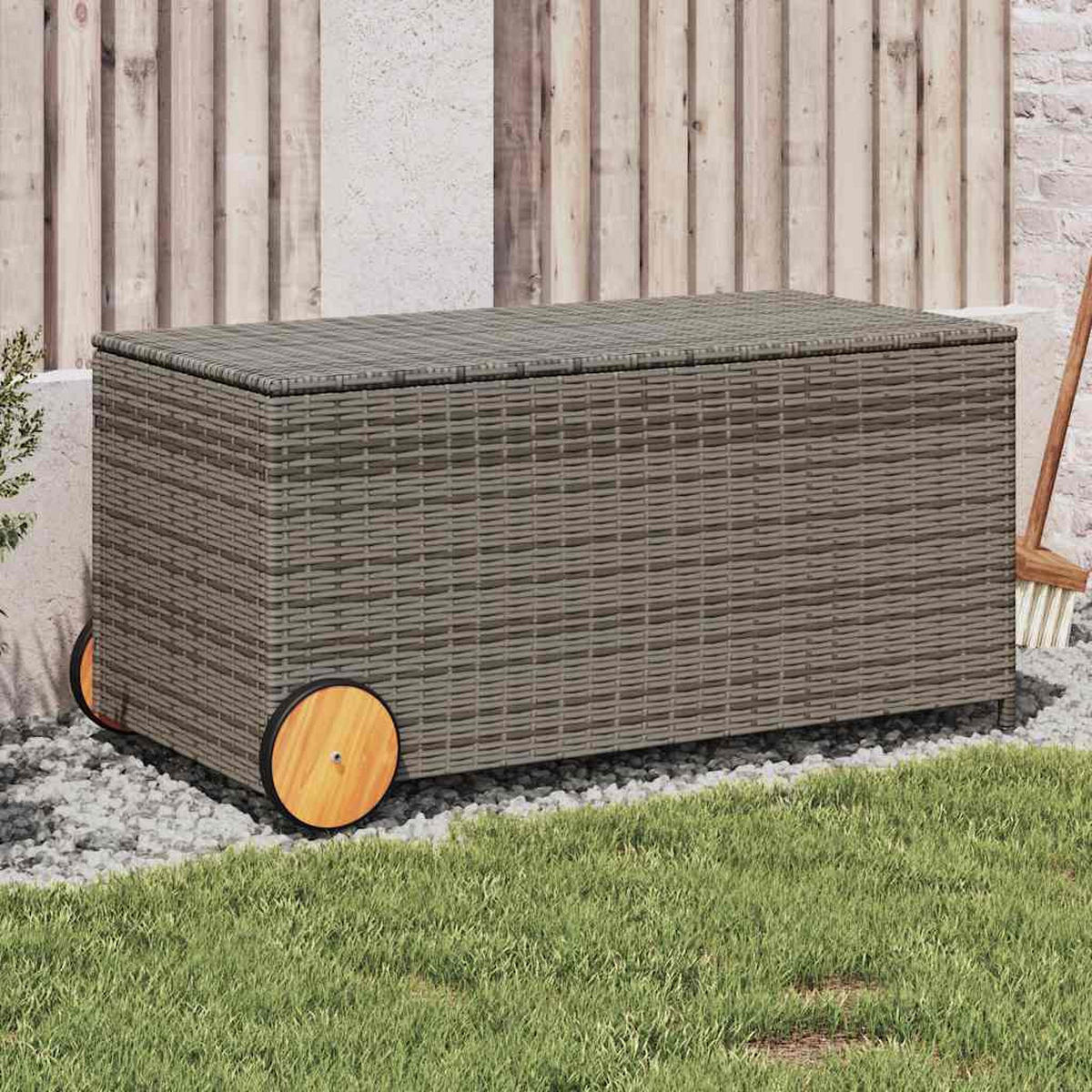GARTENTRUHE mit Rollen Grau 190L Poly Rattan - Grau, Kunststoff (107/100/55cm) - furnicato