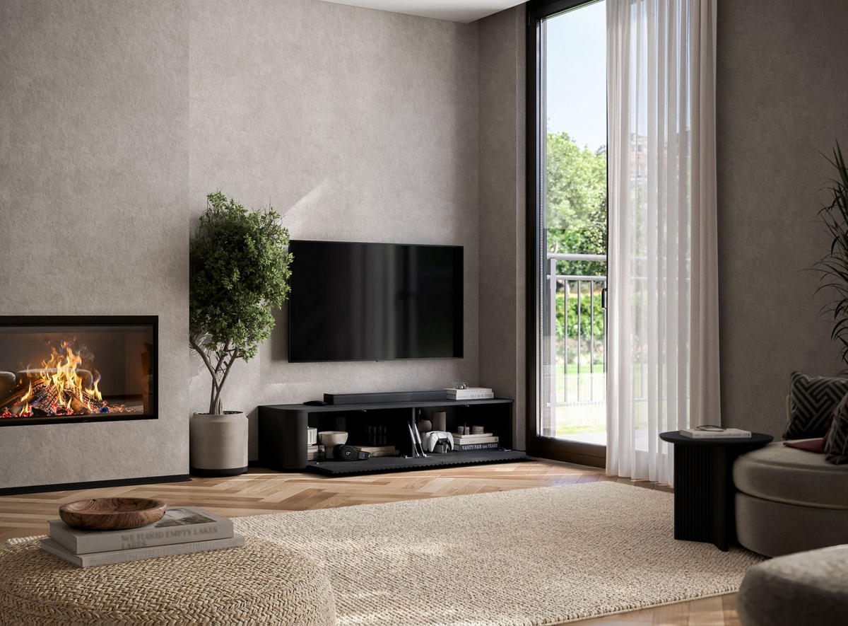 TV komoda Aurora matná čierna 140 cm s nízkymi nožičkami - čierna, kompozitné drevo (140/31/35cm) - Meble Lindner