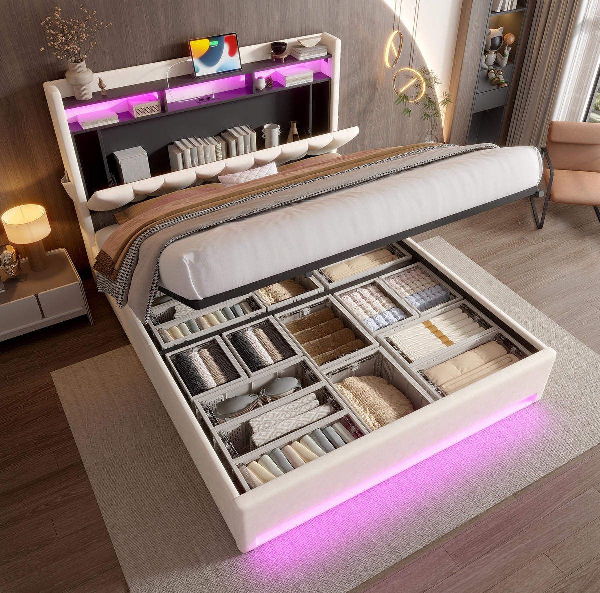 ČALOUNĚNÁ postel 140/200 cm se sametem, LED osvětlením, USB-C a úložným prostorem, Béžová - béžová, textil (140/200cm) - Redom