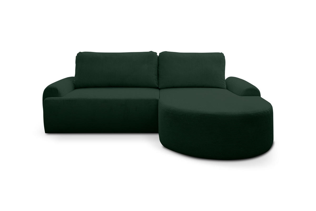 ECKSOFA Dream Cord in L-Form mit Schlaffunktion und Bettkasten, Farbe: Grün, Cordstoff, Ottomane Rechts - Grün, Textil (260/136cm) - VENASI MÖBEL