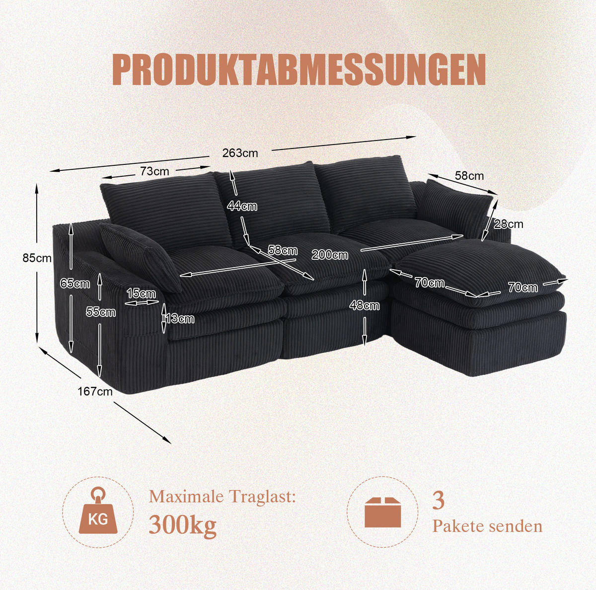 SOFA modular mit Hocker ca. 263 x 167 x 85 cm Cord Schwarz - Schwarz, Kunststoff (167/263cm) - Meubliv