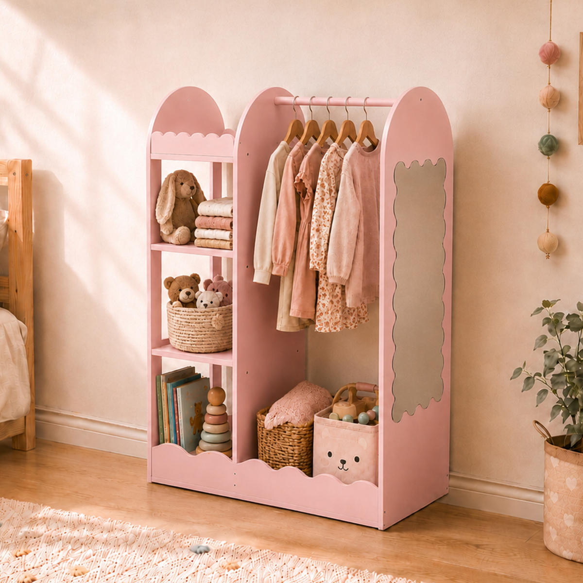 KLEIDERSTÄNDER Rosa Kinder mit Spiegel - Pink, Holzwerkstoff/Kunststoff (94/100/38cm) - Relaxdays