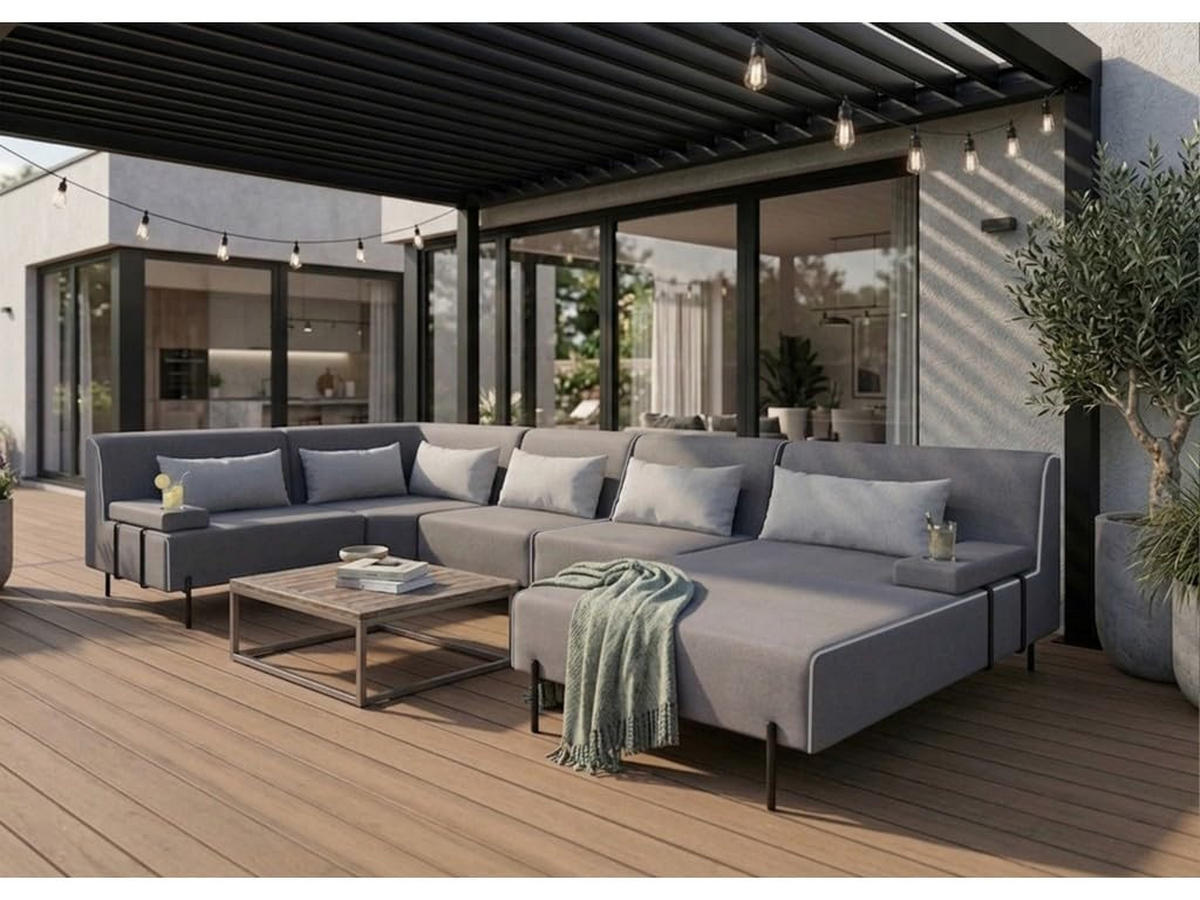 GARTENSOFA BORNEO XL Wetterfest 370x222x86 cm, Links, Solide Konstruktion, HR-Schaumfüllung, Wetterfeste Bezugstoff, Grau - Grau, Holz/Metall (370/86/222cm) - Trada