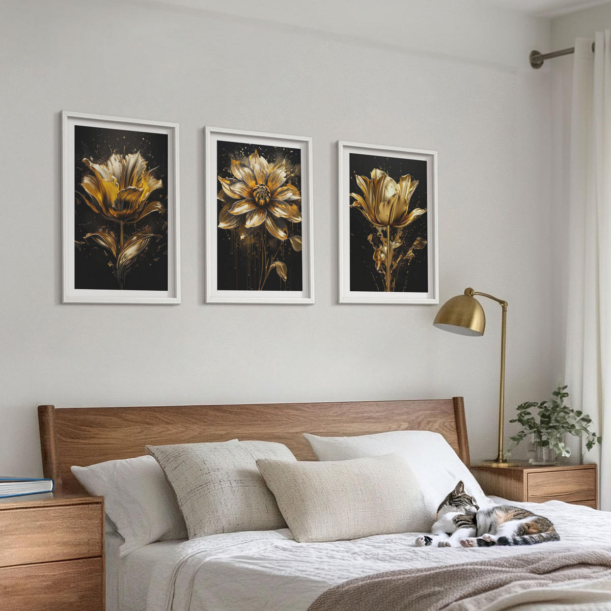 WANDBILDER 3er-Set - 40x60 cm Weißer Rahmen - Gelbe Blüten auf dunklem Hintergrund - Weiß, Kunststoff (40/60cm) - ArtPrintCave