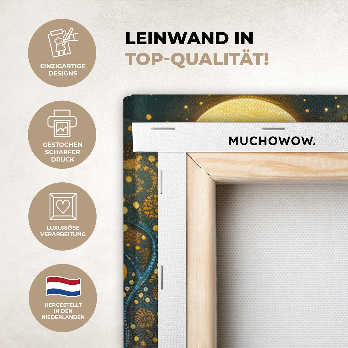 LEINWANDBILD Baum - Mond - Blumen - Gold - Kunst Wandbild Wohnzimmer 60x80 cm - Orange, Textil (60/80cm) - MuchoWow