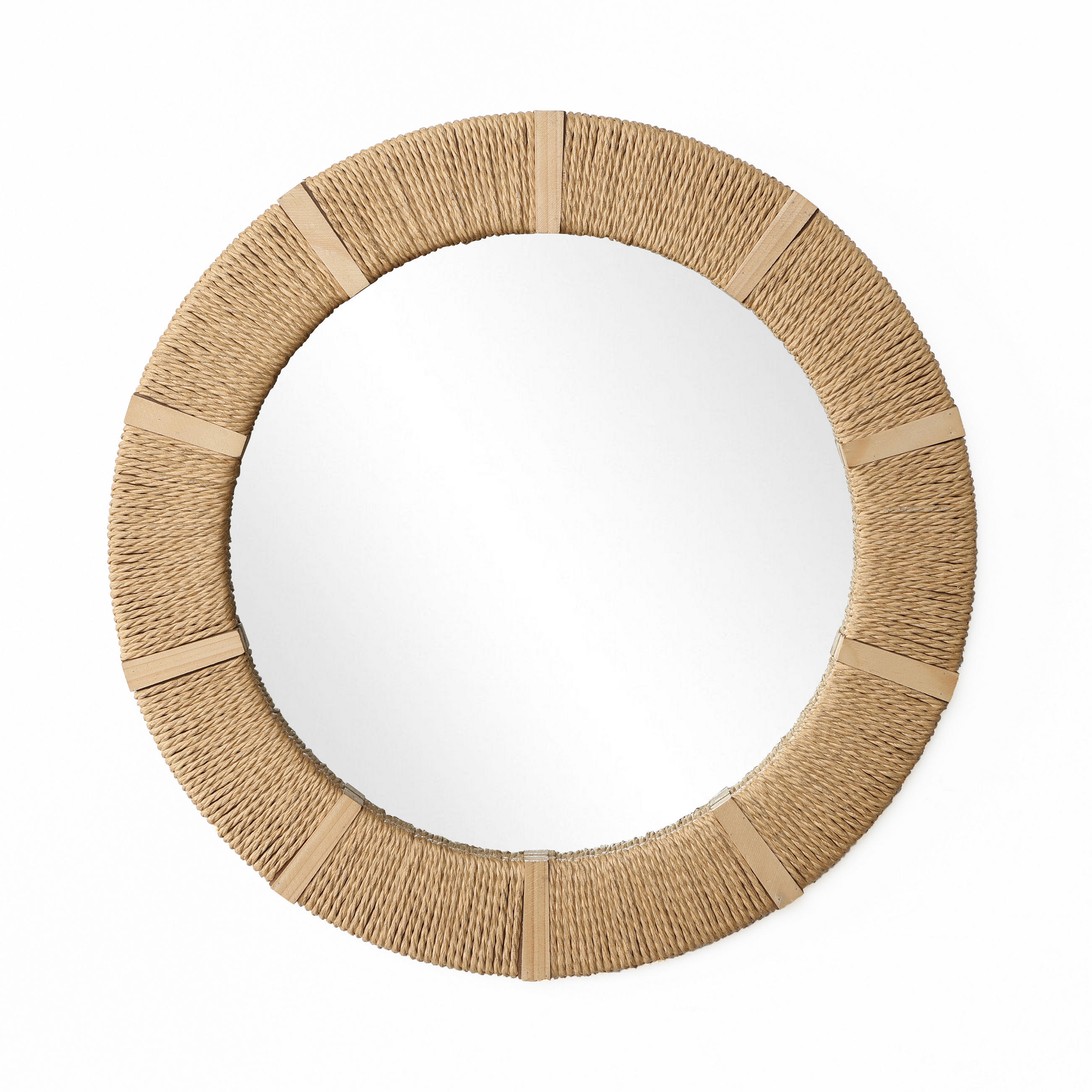 53CM Runder Wandspiegel mit Rahmen aus Tannenholz und Papierkordel Geeignet für Badezimmer, Wohnzimmer, Schlafzimmer usw. - Hellbraun/Beige, Glas/Holz (53/3/53cm) - Hometopia