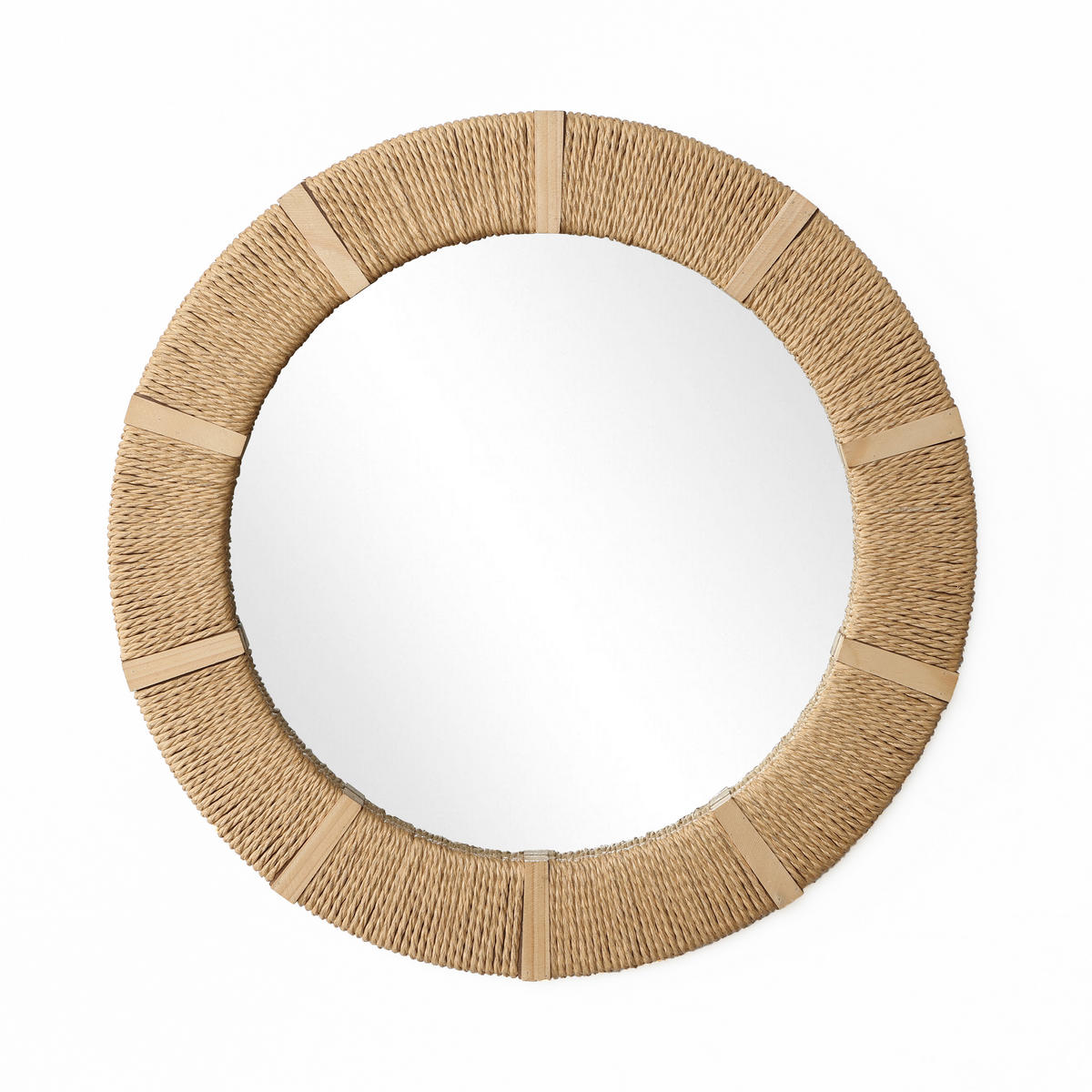 53CM Runder Wandspiegel mit Rahmen aus Tannenholz und Papierkordel Geeignet für Badezimmer, Wohnzimmer, Schlafzimmer usw. - Hellbraun/Beige, Glas/Holz (53/3/53cm) - Hometopia