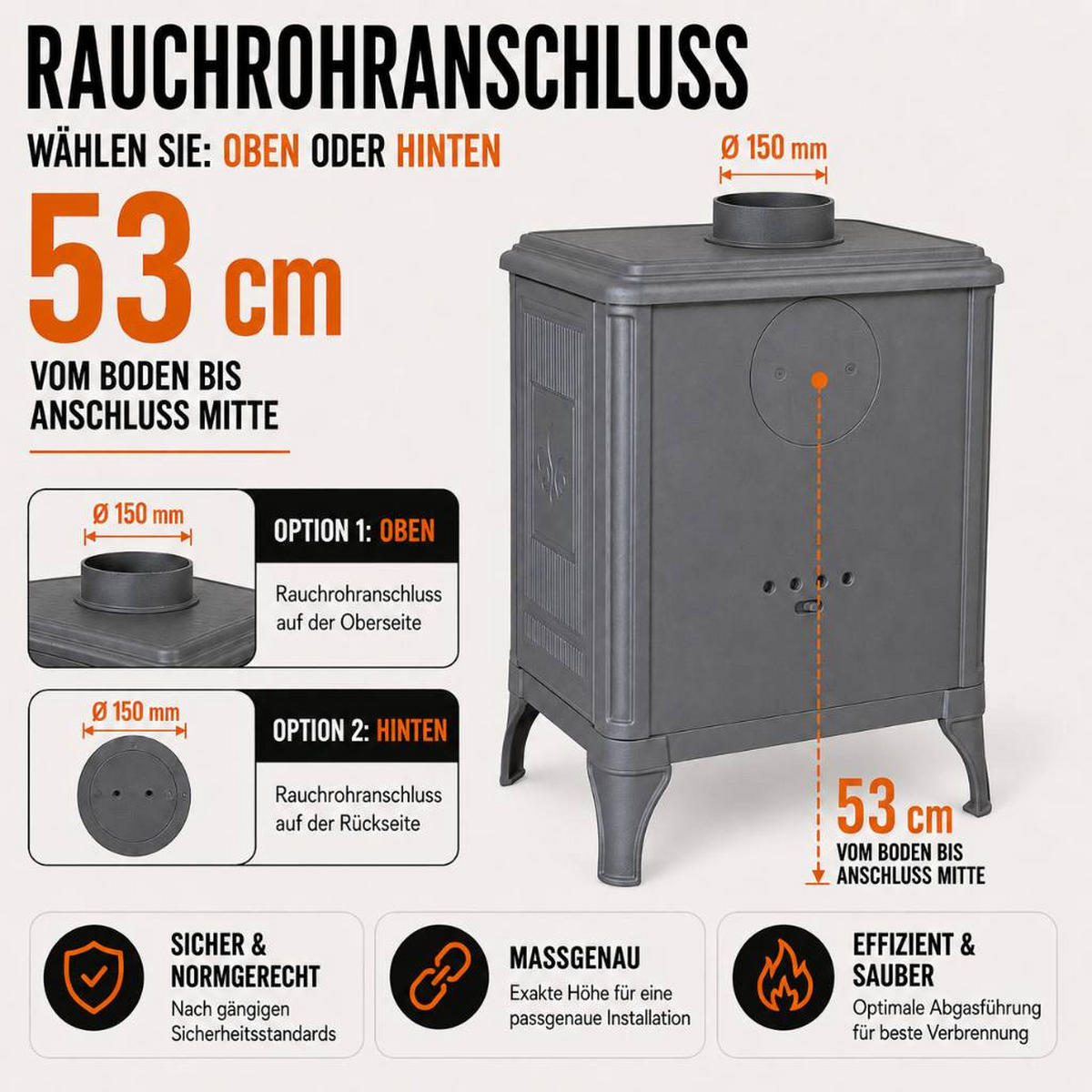HOSSEVEN Kaminofen Holzofen Gusseisen 7 kW Holz Ofen Kamin 8005 Heizofen - Schwarz, Metall (51.6/68.3/45.8cm)
