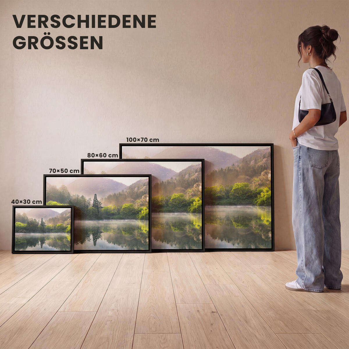 LEINWAND Bilder mit Rahmen - Natur - Bäume - Berge - See - Wasser - 100x70 - Hellgrün, Textil (100/70cm) - MuchoWow