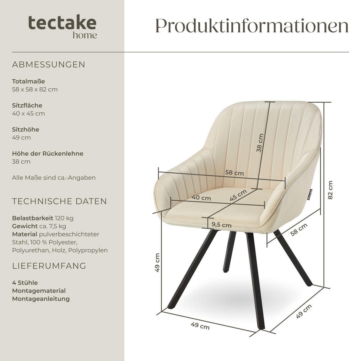ARMLEHNSTUHL drehbarer 4er Set Snug 58 x 58 x 82 cm creme - Creme, Textil (58/82/58cm) - tectake