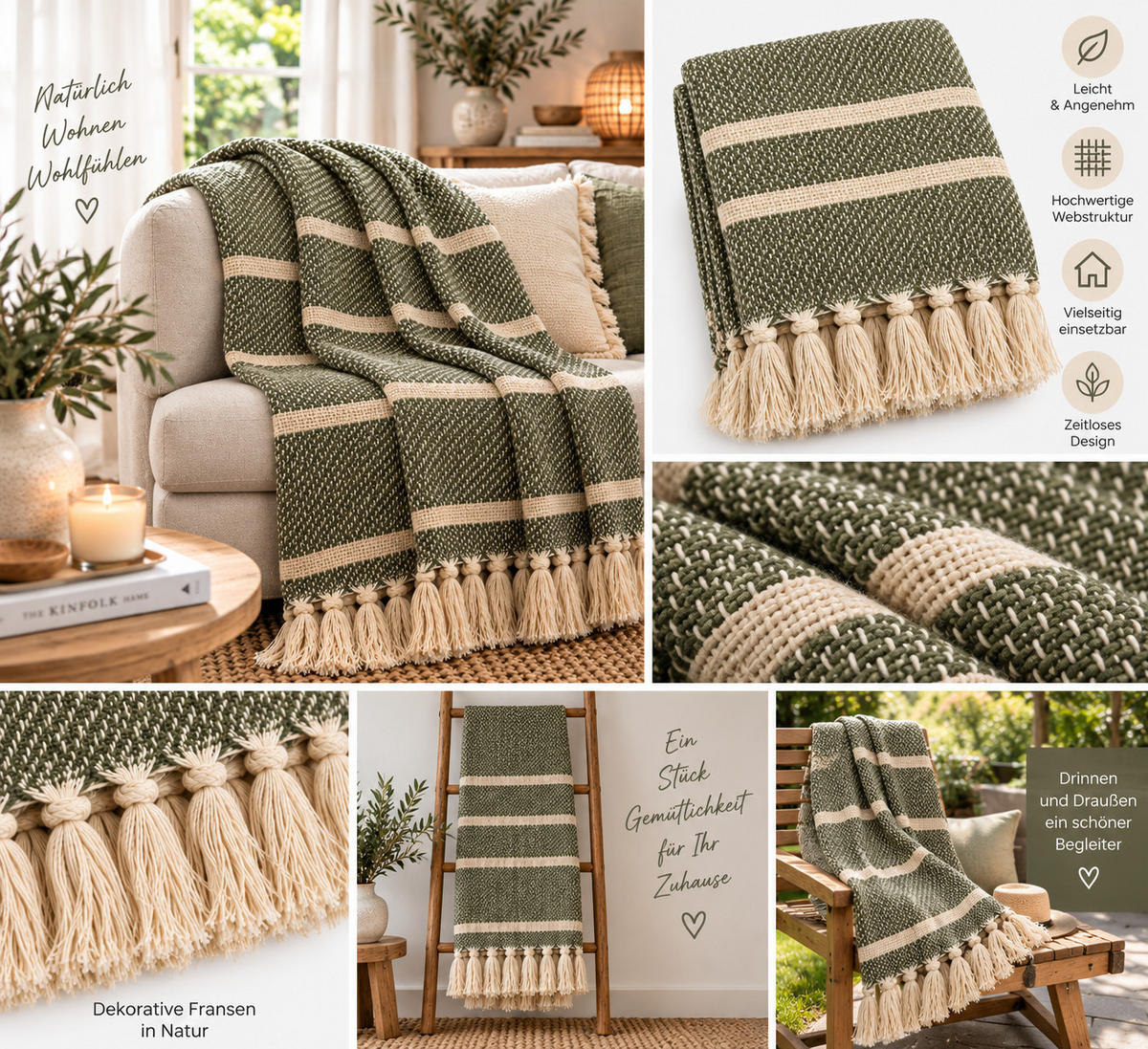 DECKE Mila 130x180 cm, 100% Baumwolle, Grün-Creme - Grün, Textil (130/180cm) - Au Maison