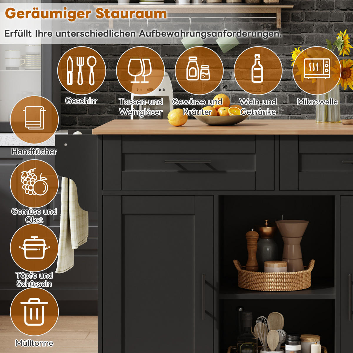 KÜCHENINSEL 145/70/94,5 cm schwarz aus MDF mit Klappplatte - Schwarz, Holzwerkstoff (145/94.5/70cm) - OKWISH